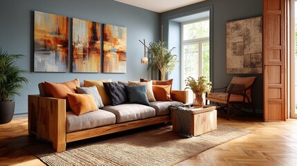 Cozy living room featuring a comfortable wooden sofa, colorful pillows, and abstract art creating a warm and inviting atmosphere.