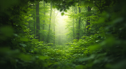 Fototapeta premium Lush green forest path bathed in soft light, dense foliage surrounds a narrow walkway