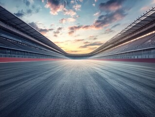 Obraz premium Wide angle view of an empty racing stadium with asphalt track and sky during golden sunset time