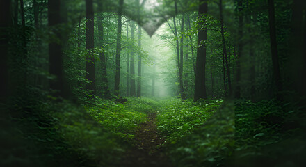 Obraz premium Misty forest path, heart-shaped view. Lush green vegetation lines a narrow dirt path, leading into a foggy woodland