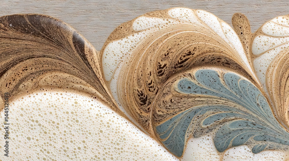Poster Abstract coffee art with swirling patterns and foam bubbles on wooden background
