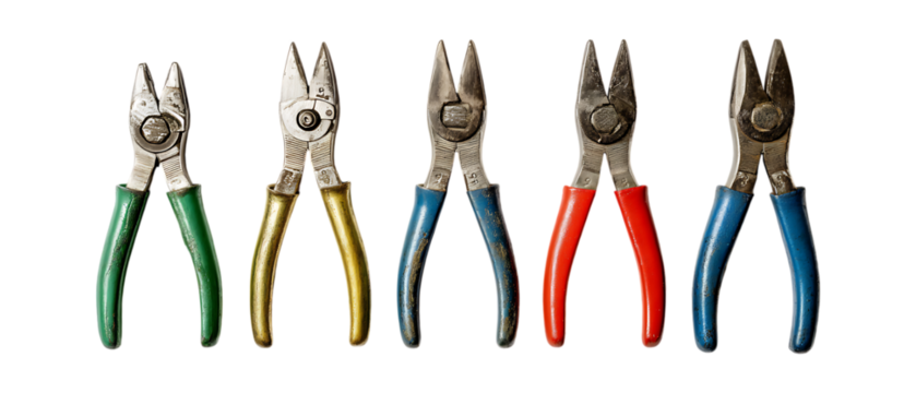 Set of Pliers in Five Different Poses Against Transparent Background for Tool Branding, Workshop Illustrations, or DIY Equipment Projects
