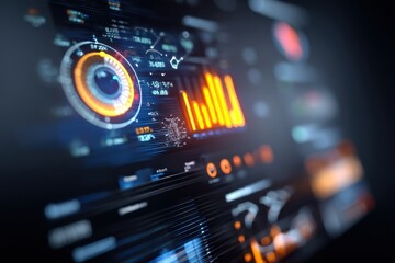 Close-up view of a futuristic digital dashboard displaying dynamic data visualizations in shades of blue and orange.