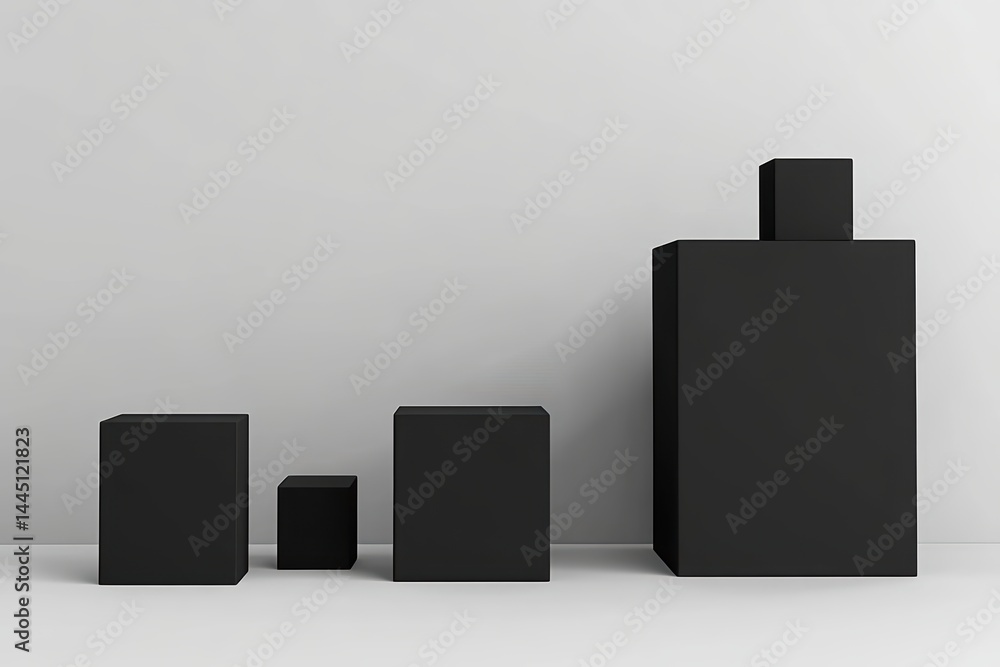 Aufkleber minimalist style composition showing black geometric block shapes display stands on simple gray back