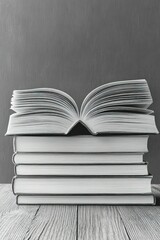 Stack of knowledge books and wood grain