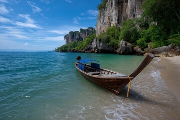Longtail Boat on Beach with Cliffs and Trees, Thailand