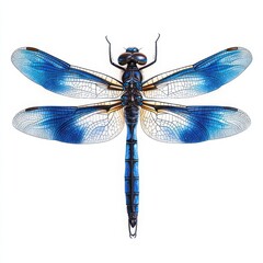 Detailed image of a blue dragonfly with wings spread on white background