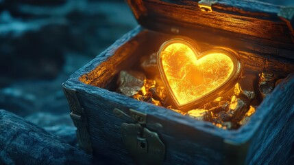 Glowing heart in wooden chest