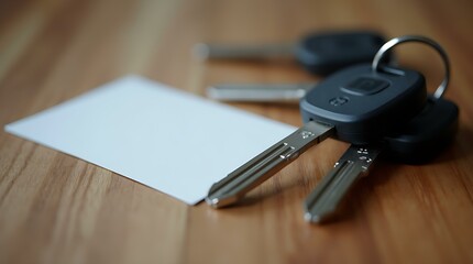 Close up view of a white card and car keys on a wooden surface. Concept of automotive industry, buying, selling or renting vehicles, for advertising.