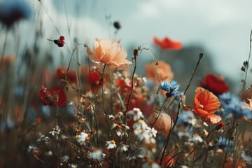 Vibrant wildflowers in a field bathed in sunlight.  The delicate peach and fiery red blooms stand out against the soft blue sky.