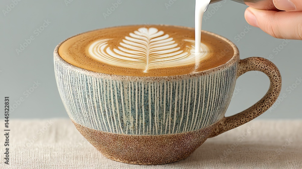 Poster artful latte being poured into a rustic ceramic mug with leaf design