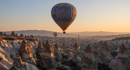 Colorful hot air balloons float gracefully over Cappadocia’s fairy chimneys at sunrise, casting a warm glow on the unique rock formations.