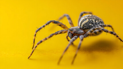 Fototapeta premium Close-up of a spider on a vibrant yellow background showcasing its intricate details and textures
