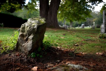 Gravestone in Cemetery with Tree and Grass