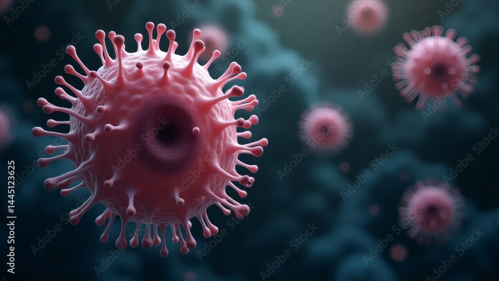 Poster an illustration of a virus cell, with a focus on its intricate details and structure
