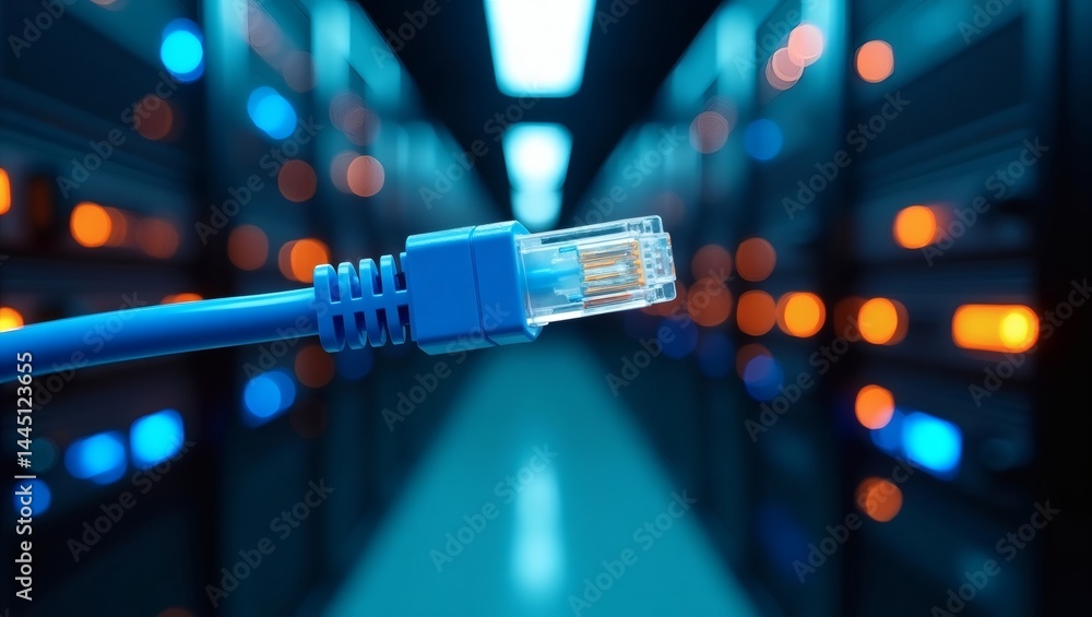 Aufkleber a blue ethernet cable extending towards the blurred background of a server room, symbolizing network
