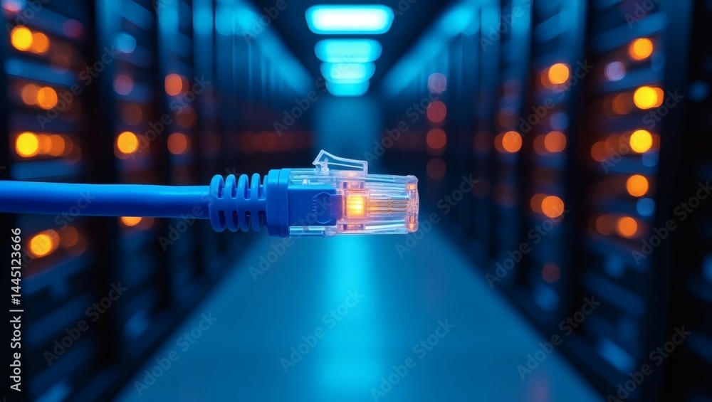 Poster an ethernet cable connection in a data center. This image captures the essence of digital connectivity, with a focused view of an ethernet cable's plug illuminated by the glowing lights