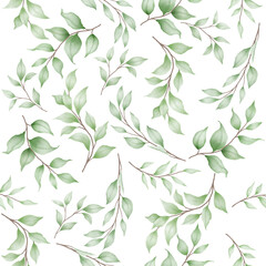 seamless pattern green leaves watercolor 