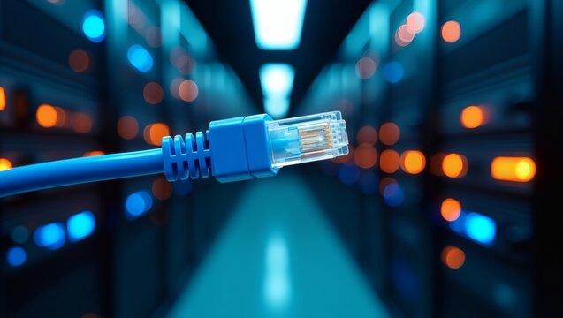 a blue ethernet cable extending towards the blurred background of a server room, symbolizing network connectivity and data transfer.