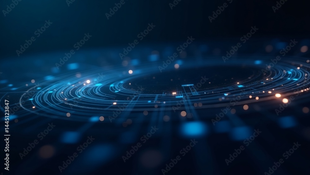 Poster a dynamic digital abstract, featuring a glowing blue spiral with multiple light trails and a sense o