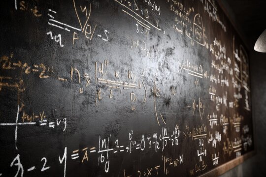 Intricate mathematical equations cover a dark chalkboard, creating a complex and mysterious scene.