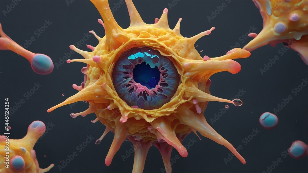 Poster A unique and intricate visualization of a biological structure resembling an eye, showcasing a detailed and artistic representation. The composition emphasizes the complexity of microscopic life.