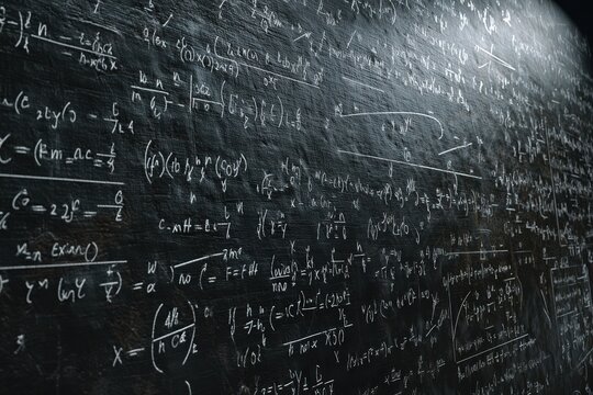 Intricate mathematical equations fill a dark chalkboard, creating a dense and complex visual landscape.