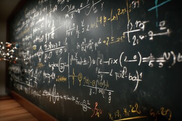 Intricate mathematical equations fill a dark chalkboard, a testament to complex problem-solving and intellectual pursuit.