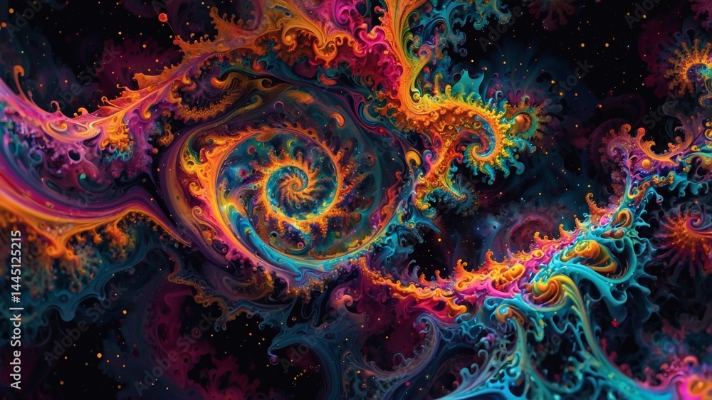 Poster Abstract colorful fractal art with swirling patterns and vibrant hues. The artwork features a blend of warm and cool colors, creating a dynamic and energetic composition.