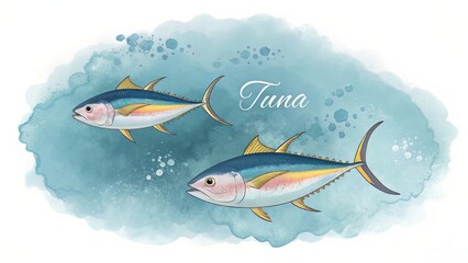 Dreamlike watercolor illustration of two colorful tuna swimming, elegant font overlay