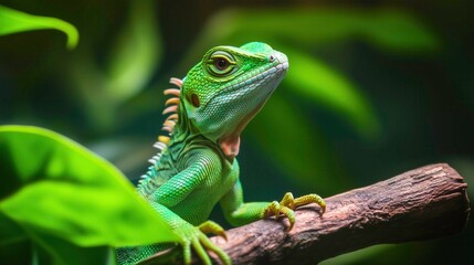 Fototapeta premium Green water dragon lizard perched on branch.