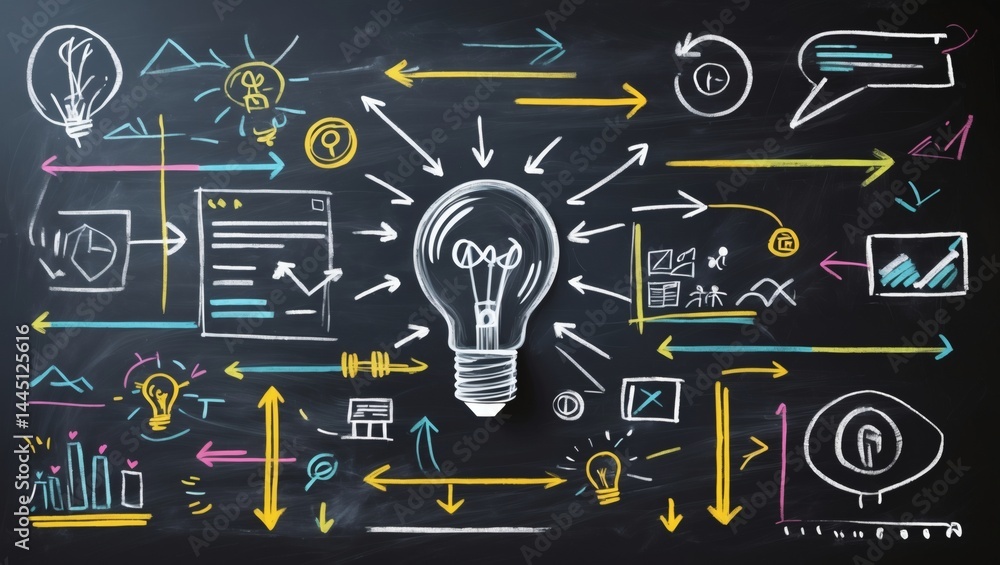 Poster an image of a concept of new ideas through the form of a drawn light bulb