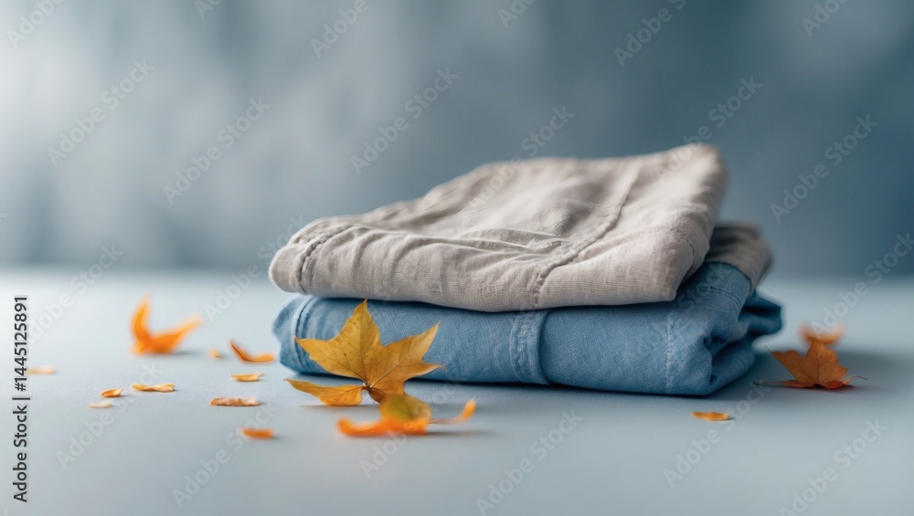 Poster folded clothing with autumn leaf in soft focus create a cozy mood
