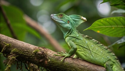 Green Plumed Basilisk Lizard (Basiliscus plumifrons), Boca Tapada 