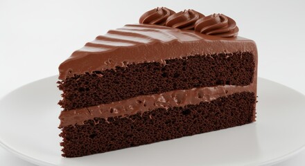 A delectable slice of chocolate cake with rich frosting on a white plate in a bright setting