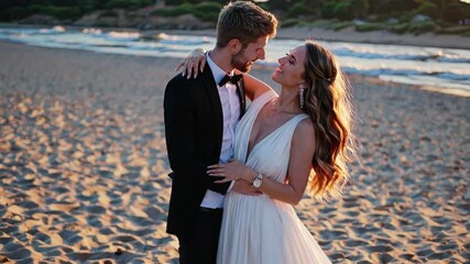 Newlywed couple embracing on the beach at sunset  