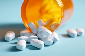 White pills spilling from orange bottle onto light-blue background, depicting medication, healthcare, or pharmacy concept