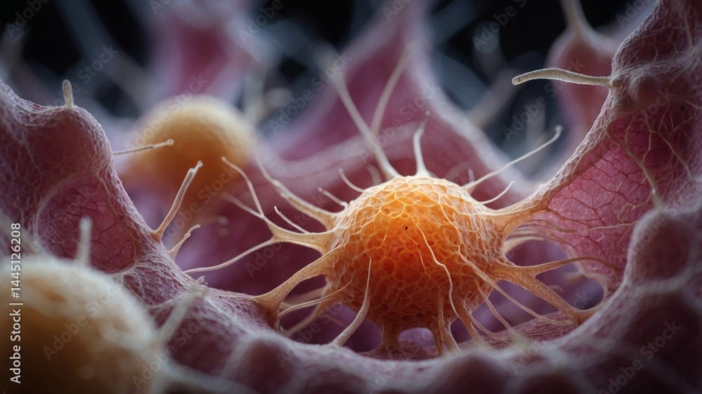 Poster a detailed view of a cancer cell, highlighting its complex structure and shape. The image showcases the intricate details of the cell's surface and internal components.
