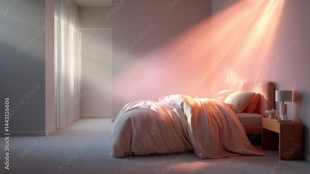 Poster soft rays of light filter through the window, illuminating a tranquil bedroom adorned with cozy bedd