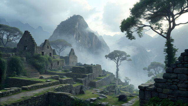 Map view misty ruined inca city dark mist