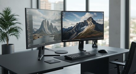 An organized black desk setup in a modern office with dual monitors showing nature.