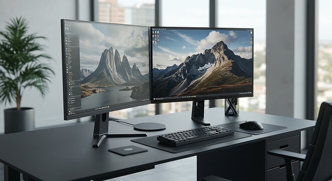 An organized black desk setup in a modern office with dual monitors showing nature.