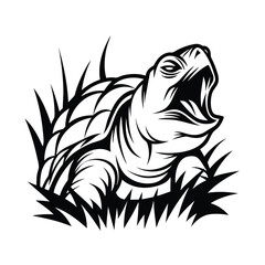 Detailed Turtle in Black Ink Surrounded by Grass, Isolated on White