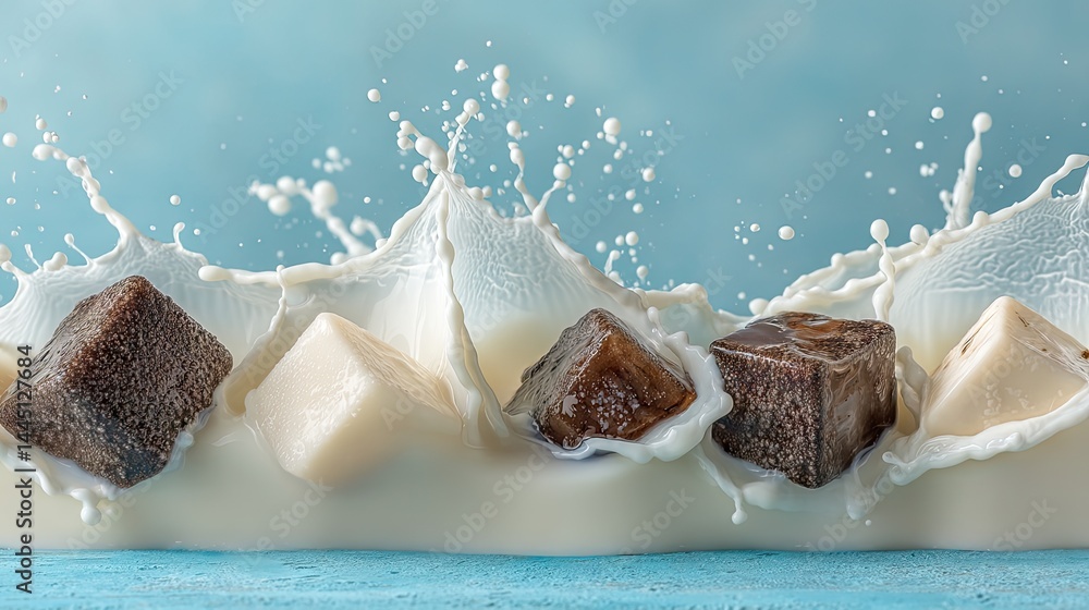 Aufkleber chocolate cubes submerged in milk creating a dynamic splash against a blue background