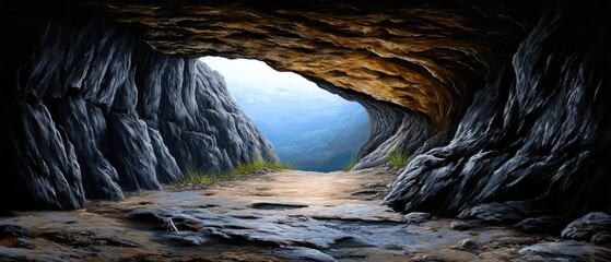 A rocky cave opens to daylight, revealing rugged walls and a glimpse of the outdoors with greenery and distant blue mountains.