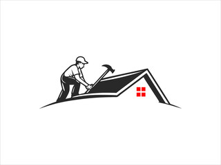 A black and white illustration depicts a skilled worker meticulously performing roofing work on a house's pitched roof.