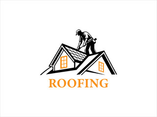 A black and white illustration depicts a skilled worker meticulously performing roofing work on a house's pitched roof.