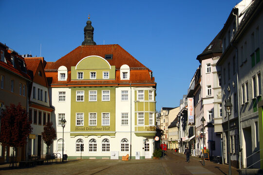 Doebeln, Germany &ndash; April 27, 2025: Historic Lower Market Square in city center of Doebeln, Saxony, Germany