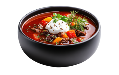 Borscht in Black Bowl with Toppings on Transparent Background