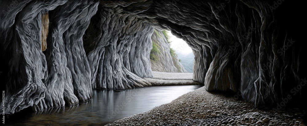 Poster a rocky cave with a stream running through it opens to daylight and greenery outside.